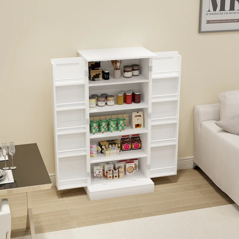 White Freestanding Kitchen Pantry Cabinet with LED Light, Single Door, 5-Tier