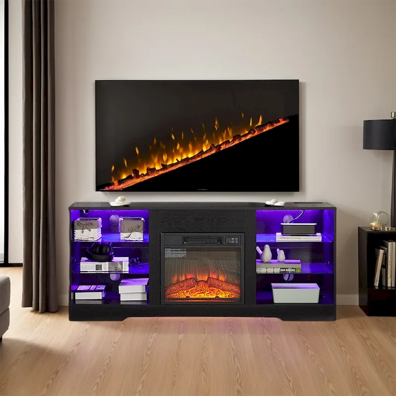 58W Fireplace TV Stand with 18 Fireplace, LED Light, USB Outlet - 58W*15.5D*24.4H