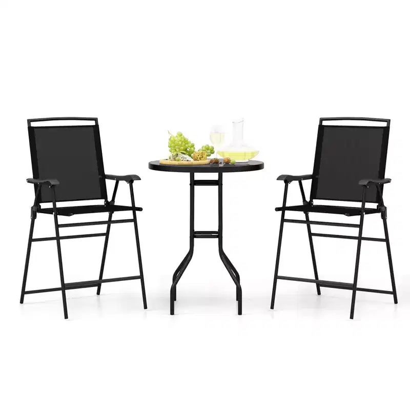Costway 3 PCS Outdoor Bar Stool Set with DPC Tabletop Umbrella Hole & Footrest 2 Chairs