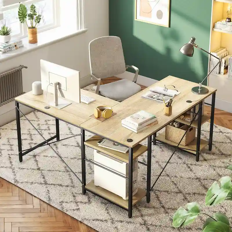 95.2 Inch L Shaped Desk with Shelves Home Office Computer Desk