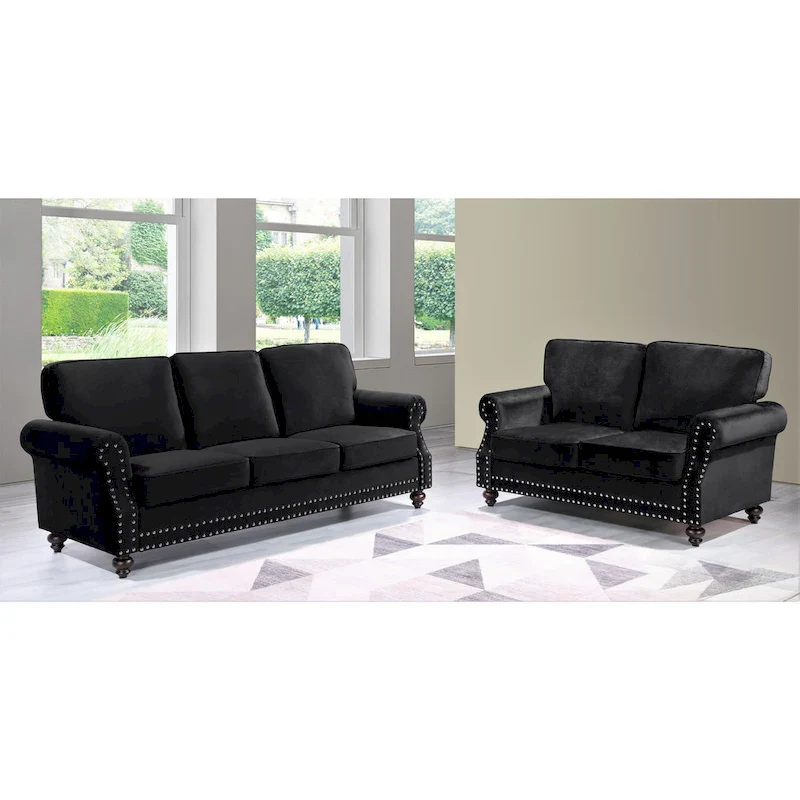 Velvet Nailhead 2-Piece Sofa Set - Loveseat & Sofa with Tufted Upholstery