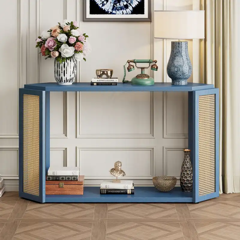 Narrow Console Table with Open Shelf,Antique Blue