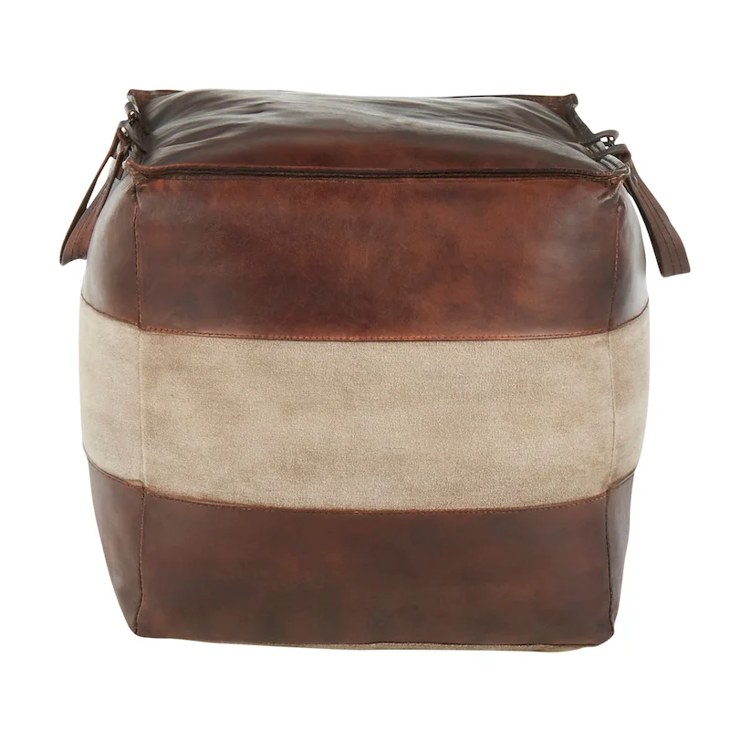 Industrial Pouf Ottoman in Leather and Canvas
