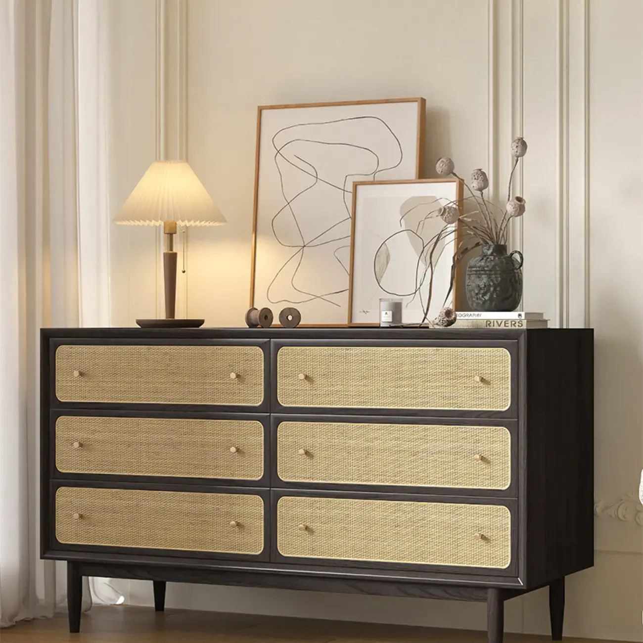 Tropical Wooden Dresser with Drawers and Gold Handles