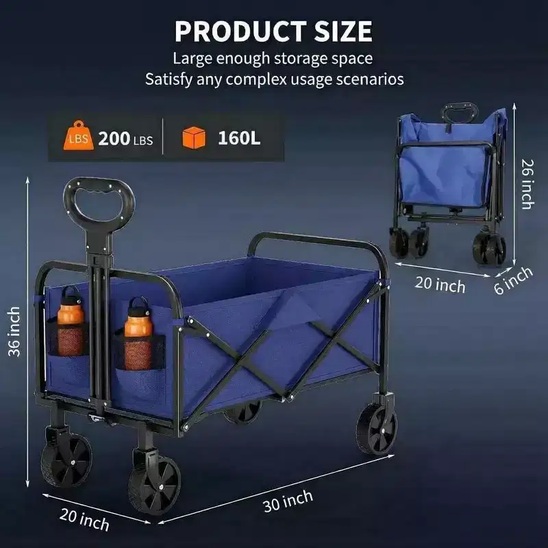 Acekool Collapsible Utility Wagon with 360 Rotating Wheels, 220lbs Load, Adjustable Handle, Beach, Camping, Garden, 73x46.5x89.5cm, Black