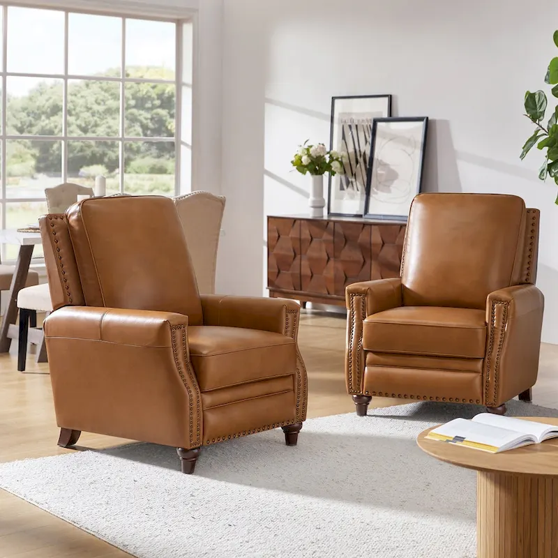 Mid-Century Modern Genuine Leather Pushback Recliner with Nailhead Trim (Set of 2)
