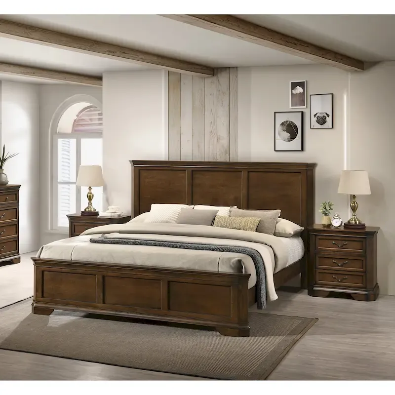 Roundhill Furniture Maderne 3-Piece Wood Bedroom Set, Panel Bed and Two Nightstands, Antique Walnut Finish