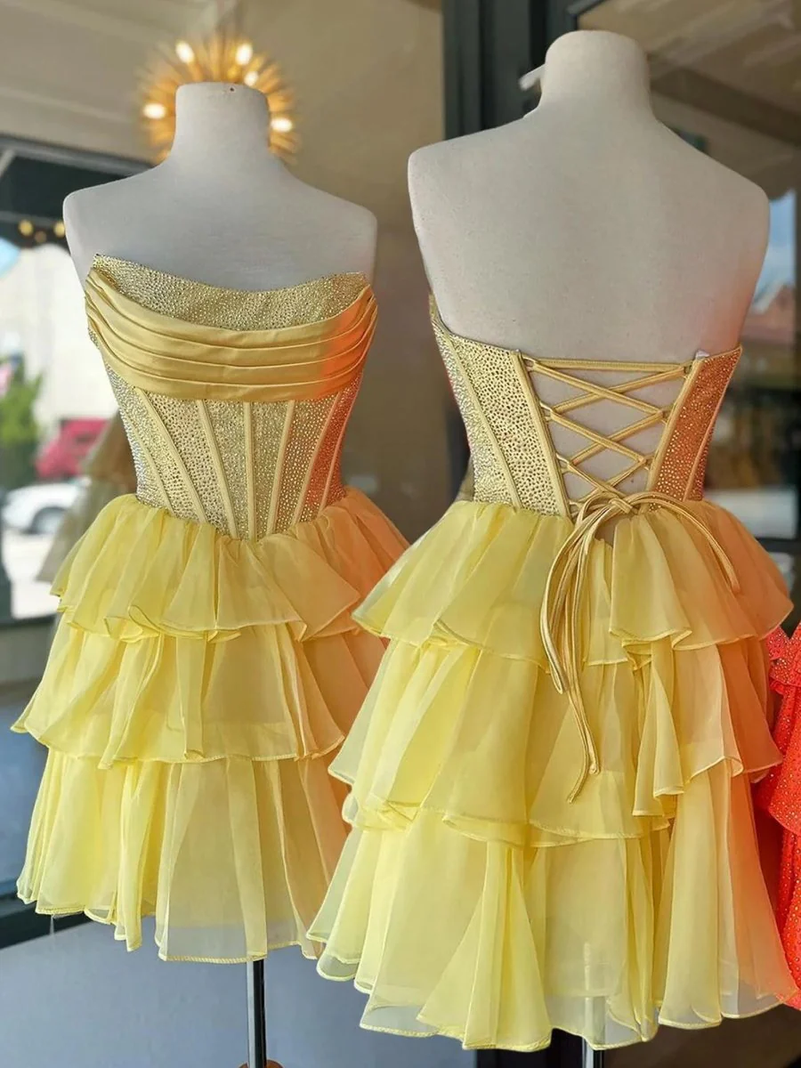 Yellow - Strapless A Line Chiffon Beaded Homecoming Dress With Ruffles