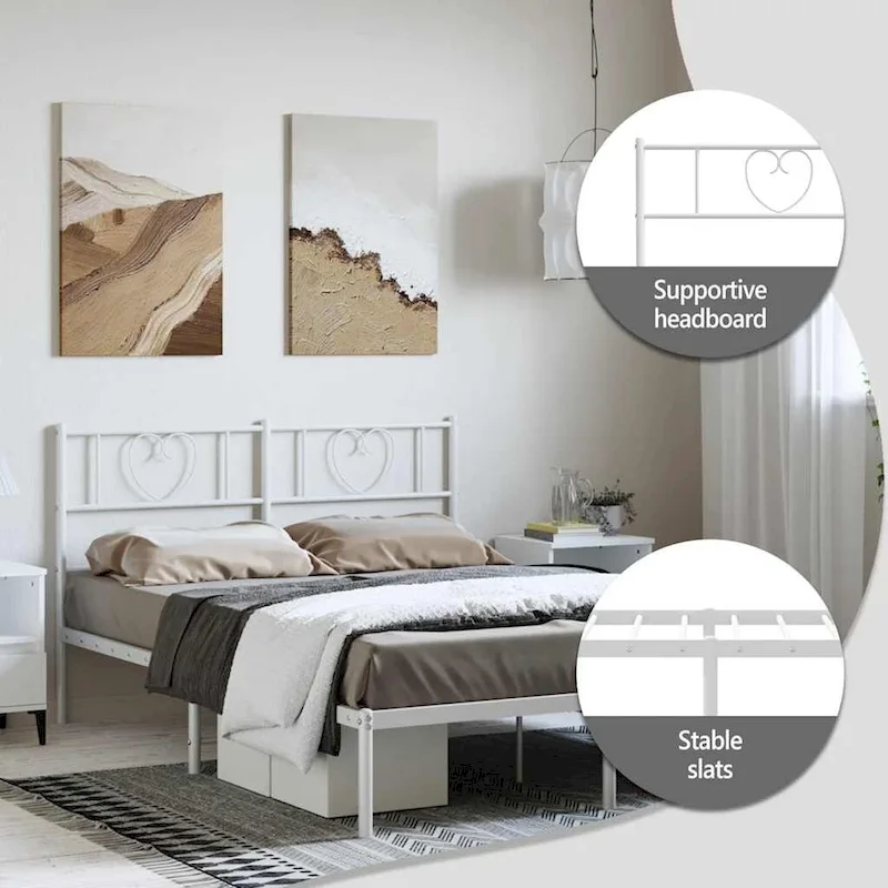 All-Metal Bed Frame With Headboard, White, Mattress Not Included - 77.2 X 55.9 X 35.4 Cm