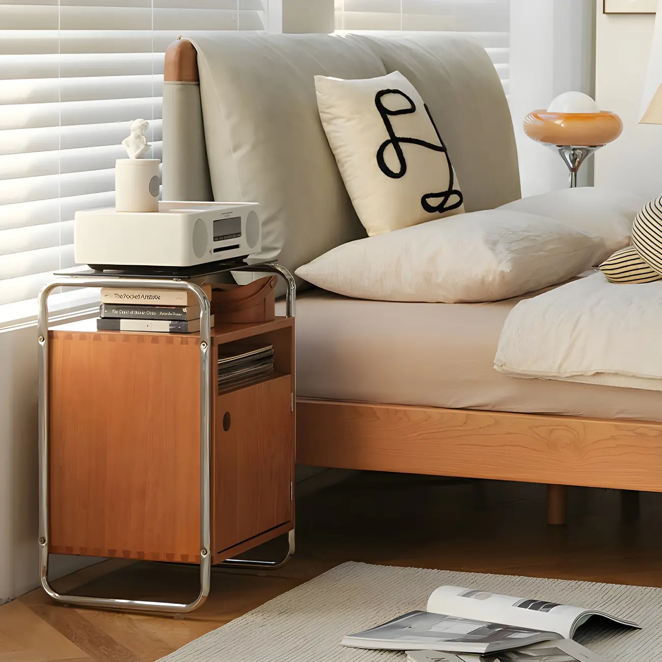 Natural Finish Narrow Glass-Top Light Wood Nightstand