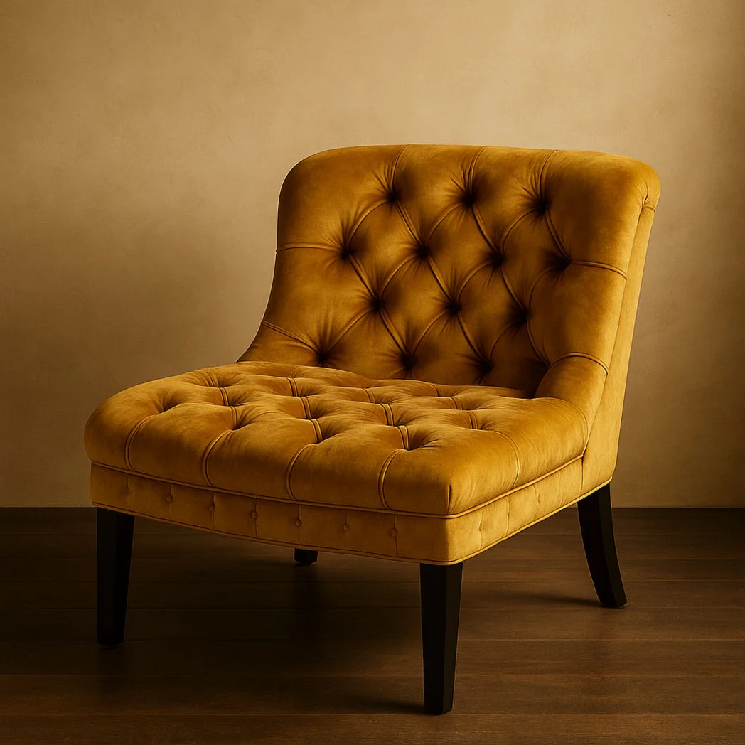 Chaise en Velours Moutarde avec Boutonnage et Pieds en Bois Massif
