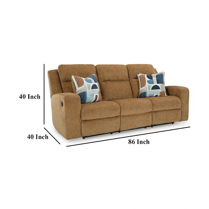 Damon Manual Reclining Sofa, Camel Brown Polyester, 2 Pillows, 86 Inch