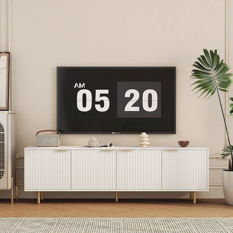 White Fluted TV Stand with Storage, 4-Door Entertainment Console for TVs up to 79