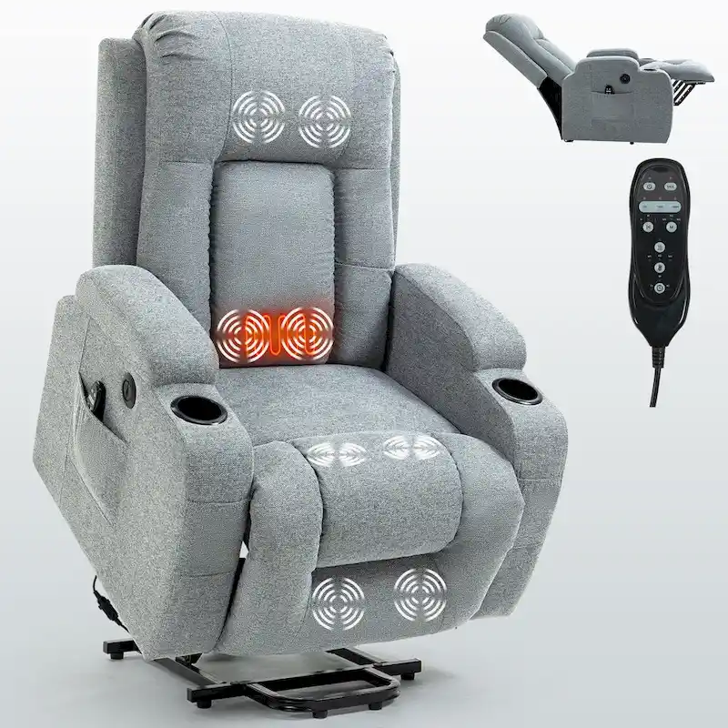 Power Lift Recliner with Massage, Lumbar Heating, USB Charging & Cup Holders, Modern Ergonomic Design
