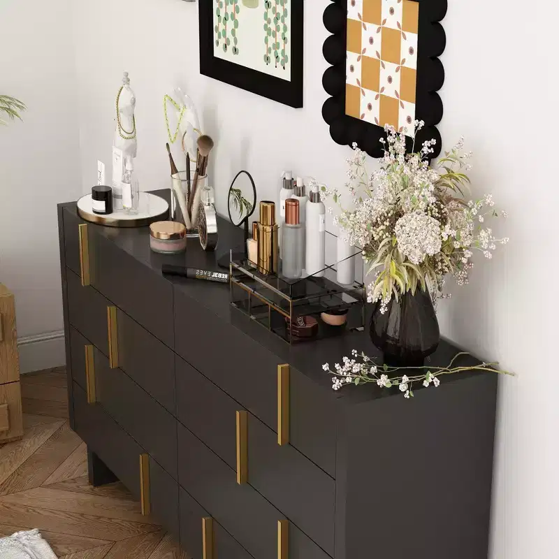 Famapy Eight Drawer Horizontal Dresser Sophisticated black finish and staggered gold knob design