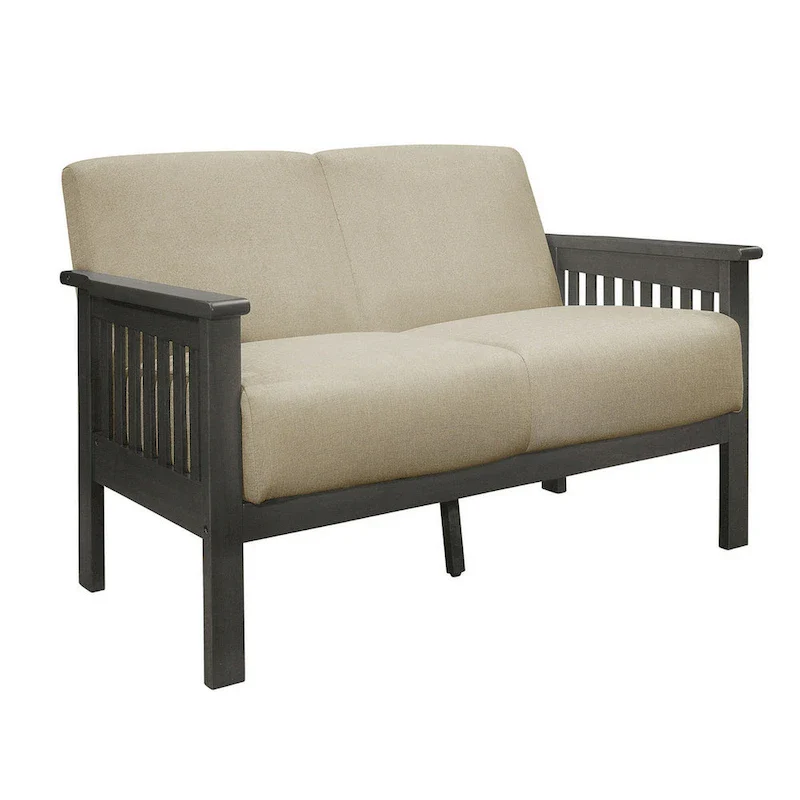 Wiston 50 Inch Loveseat, Beige Polyester, Dark Gray Solid Rubberwood