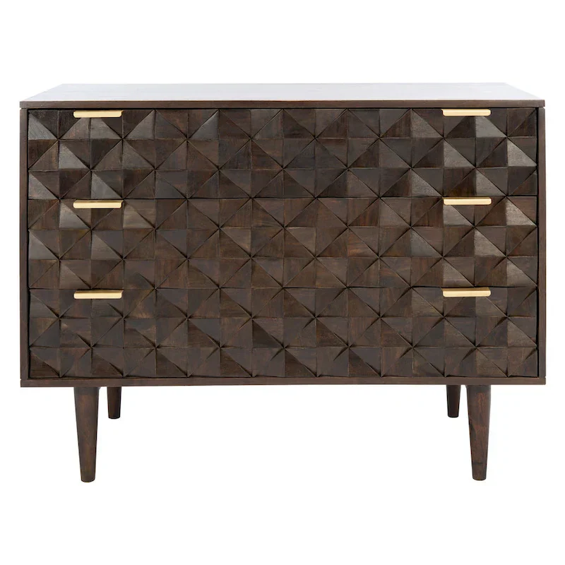 Walnut 3-Drawer Chest with Geometric Carved Details