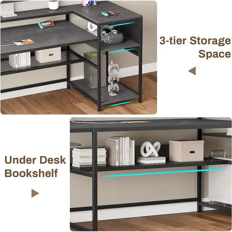 L Shaped Computer Desk Gaming Desk Keyboard Tray Power Outlets & LED