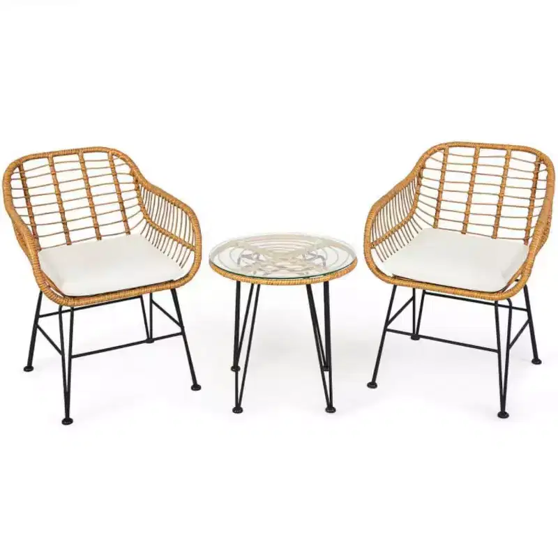 3 Pieces Rattan Furniture Set with Cushioned Chair Table