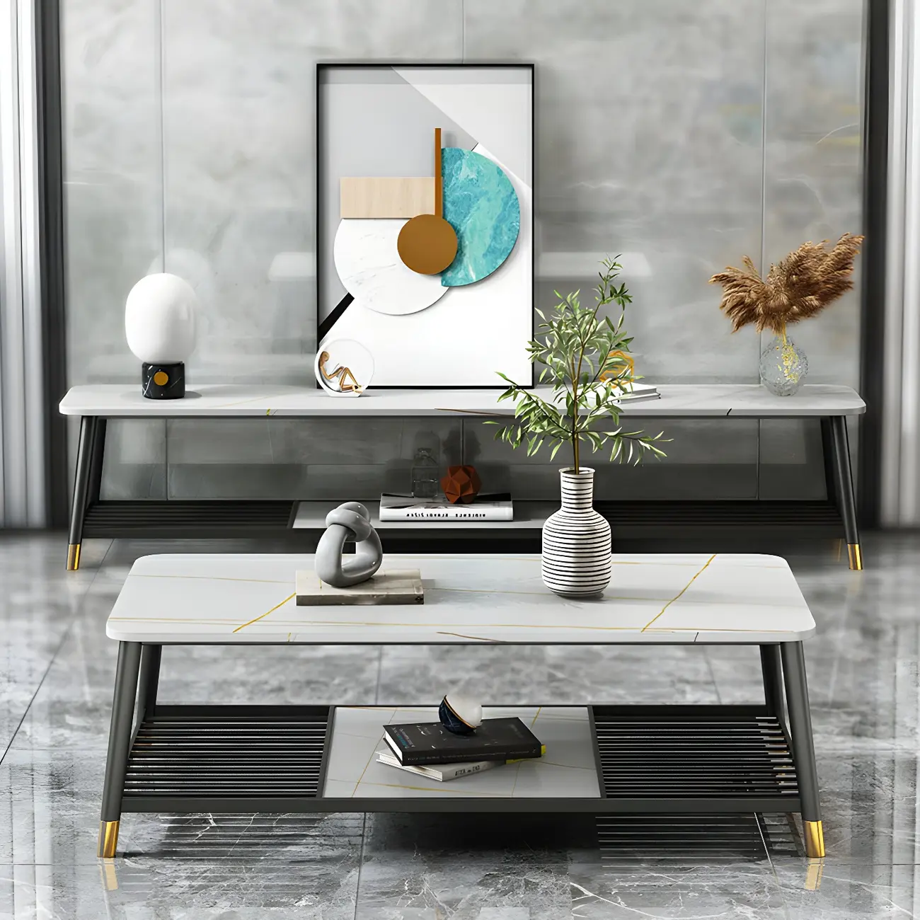 Modern White Stone TV Stand with Open Shelving