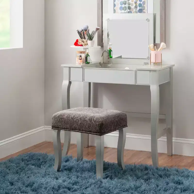 Silver Mirrored Flip-up Vanity Table & Gray Stool Set, 1-Person