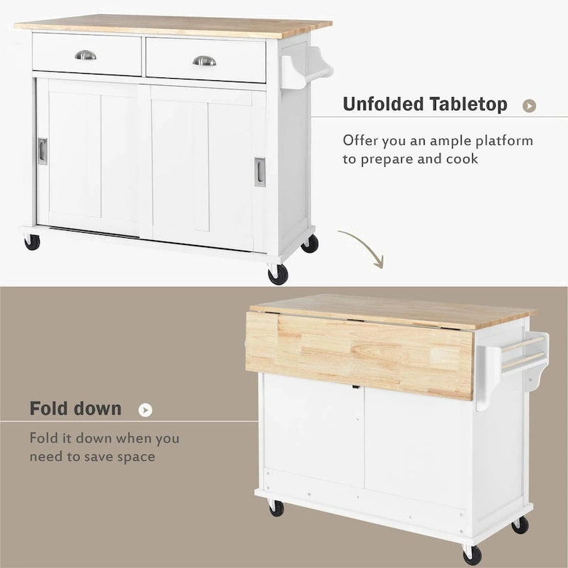 Kitchen Cart with Rubber wood Drop-Leaf Countertop