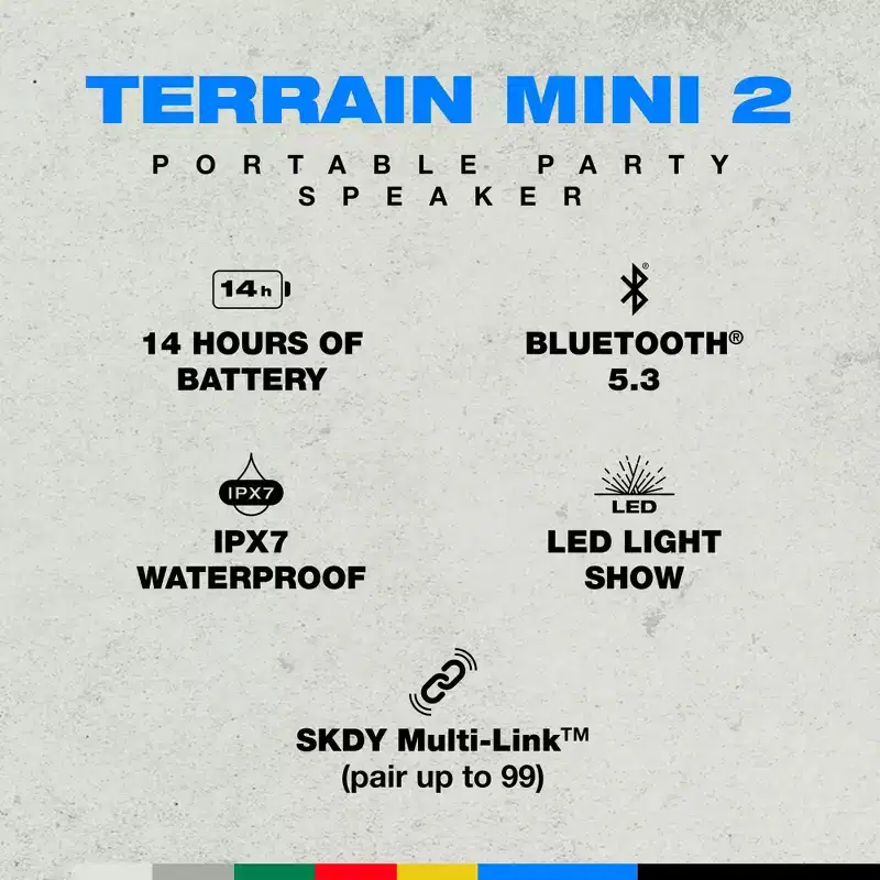Skullcandy Terrain Mini 2 Wireless Bluetooth Speaker, IPX7 Water Resistant, 14H Battery, Multi-Link, LED Light Show, Portable, Bone