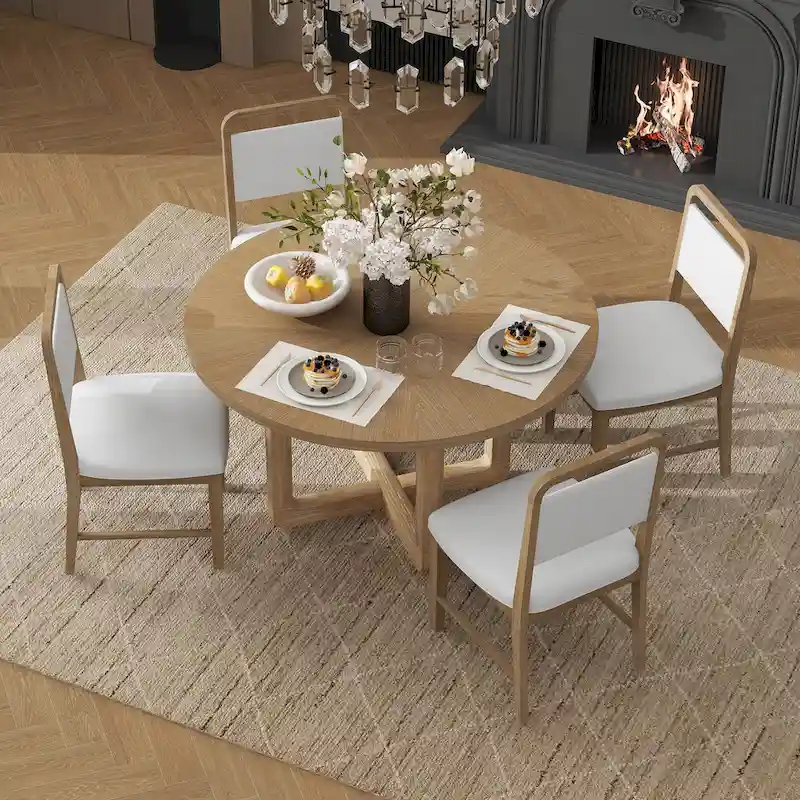 5 Piece Dining Table and Chair Set, Wooden Kitchen Dining Table Set with Round Dining Table and 4 Upholstered Chairs
