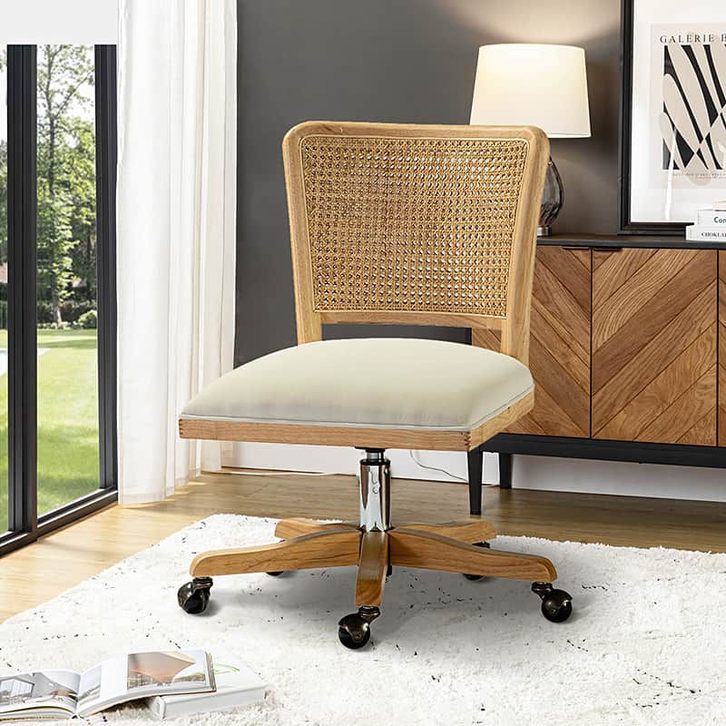 Rattan Back Task Chair with Polyester-Linen Seat, Adjustable Height & 360° Casters | Linen / Beige | Single Seat