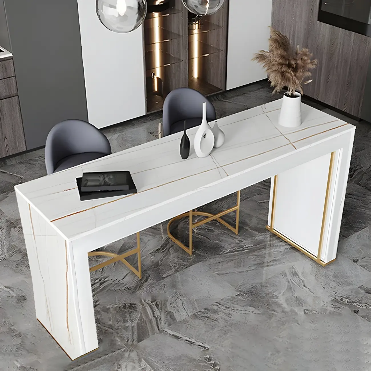 Modern White Stone Top Wood Dual-Pedestal Bar Tables