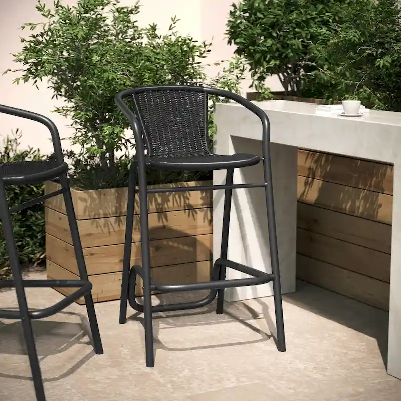 Commercial Indoor-Outdoor Rattan Restaurant Barstool with Aluminum Frame - N/A