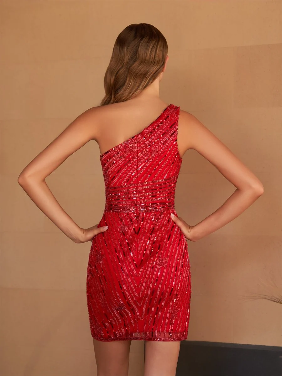 Sparkly Black Bodycon One Shoulder Sequin Star Mini Party Dresses