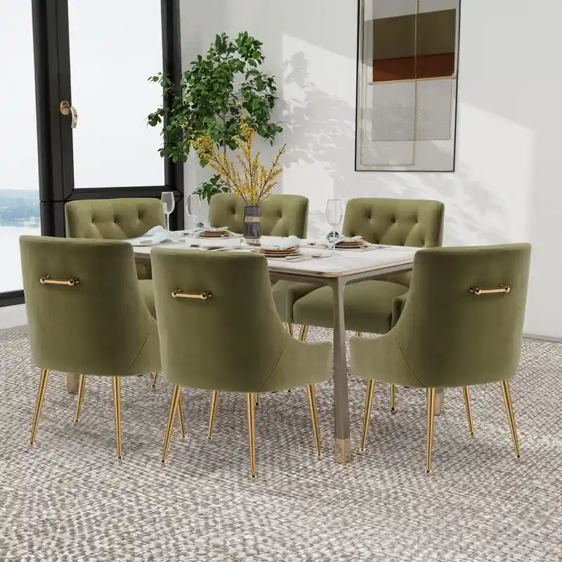 Green / Velvet / Set of 6 — Upholstered Dining Chairs with Tufted Back & Gold Ring Pull