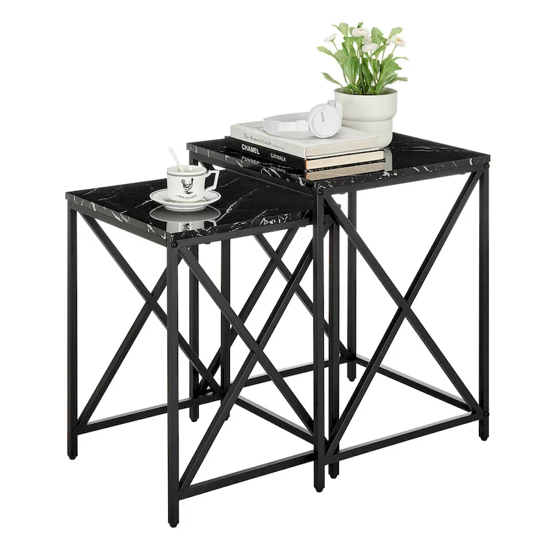 Modern Square Marble Finish Veneer Top Black Metal Frame Nesting End Tables - Set of 2