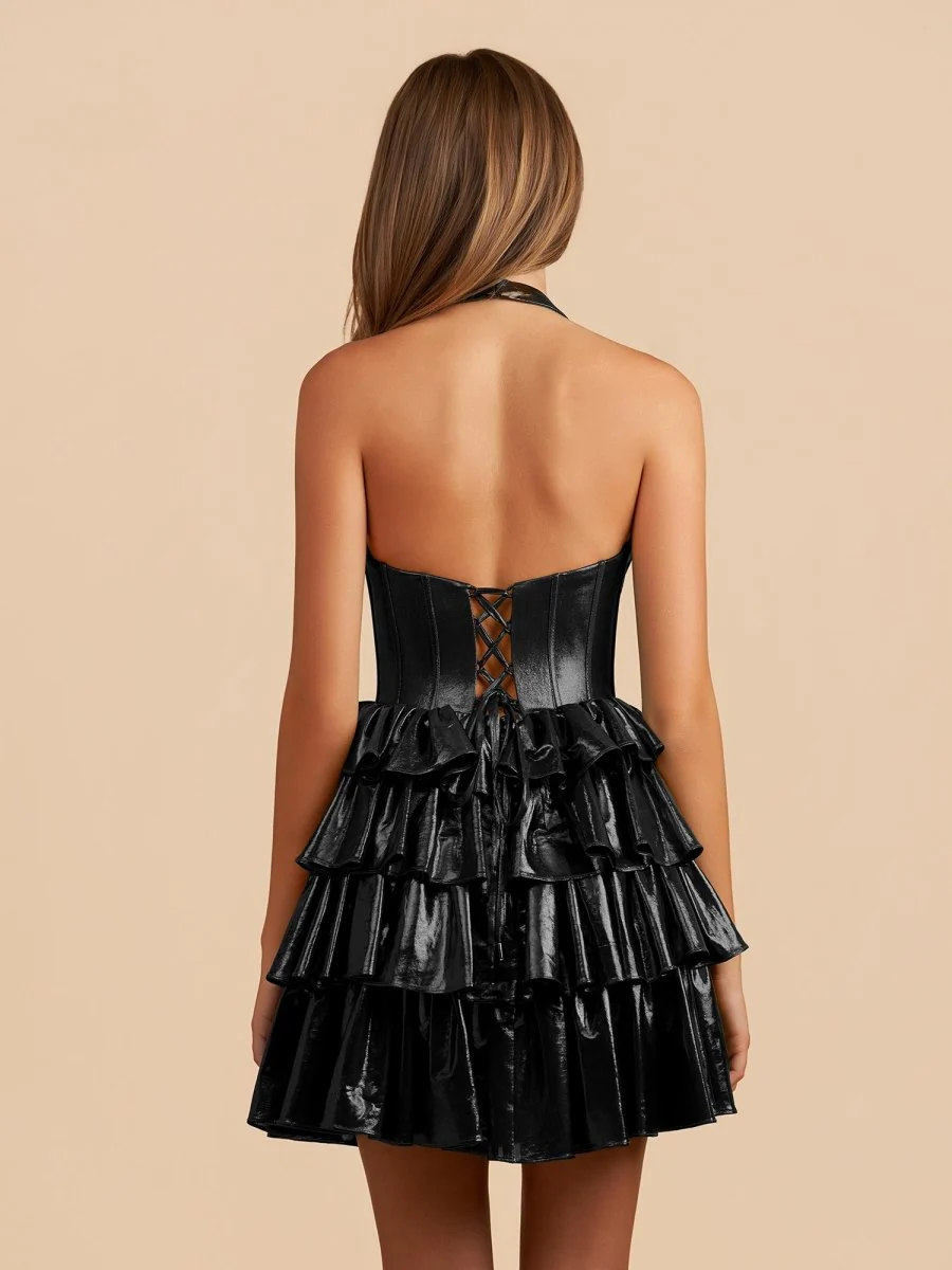 Black - Halter A Line Metallic Ruffles Homecoming Dresses With Bow