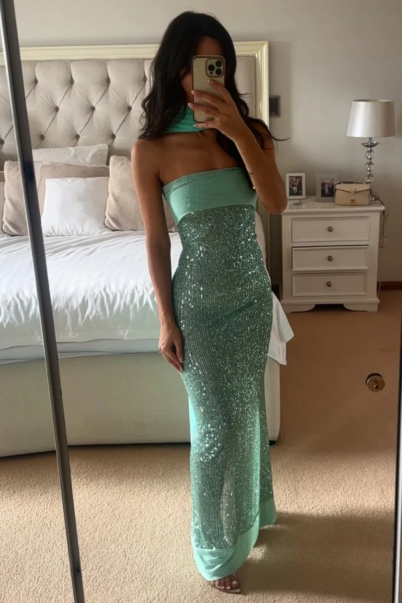 Sage Sheath Strapless Sequined Long Prom Dresses