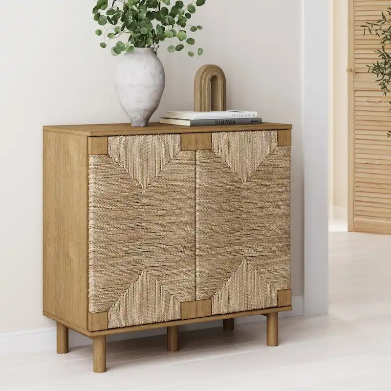 Light Brown Wood Accent Cabinet with Seagrass Doors