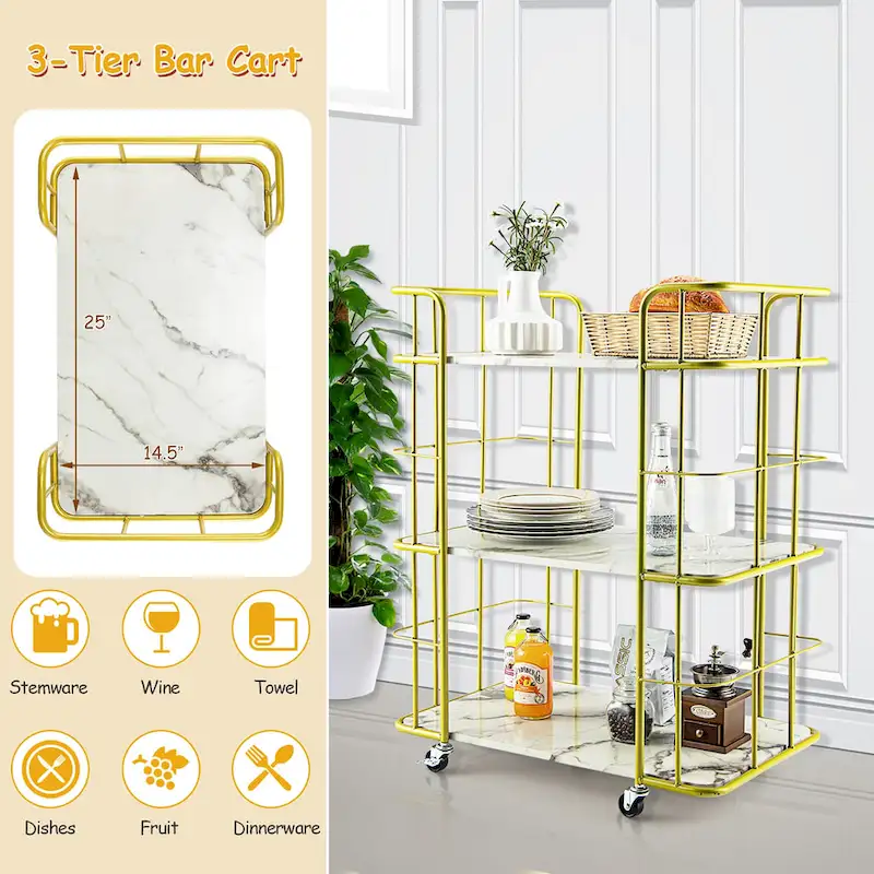 Home Island Service Cart 3 Tier Gold Bar Cart Home Island on Wheels