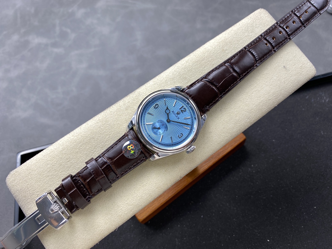 replica rolex blue dial brown leather strap full view