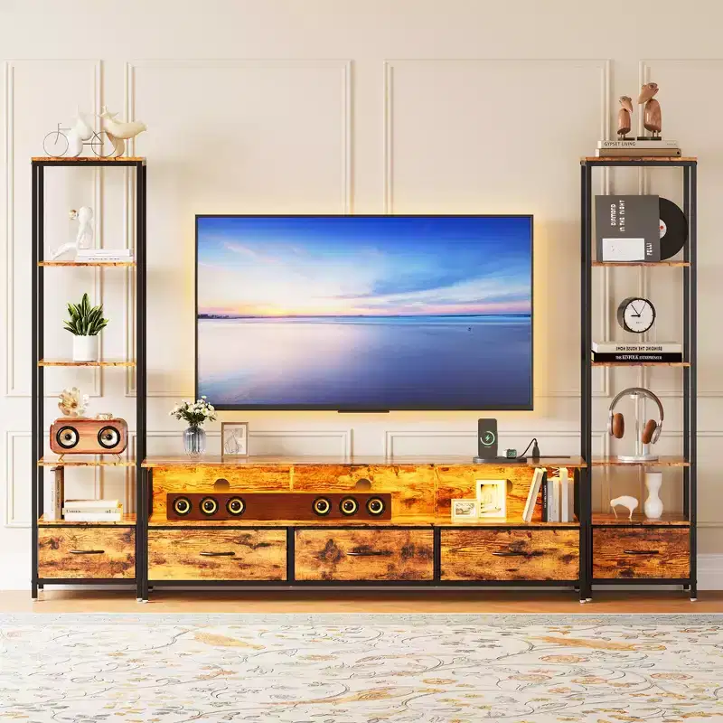 Modern TV Stand with Bookshelf, Wood and Metal Compact Entertainment Center with Fabric Drawer for Living Room