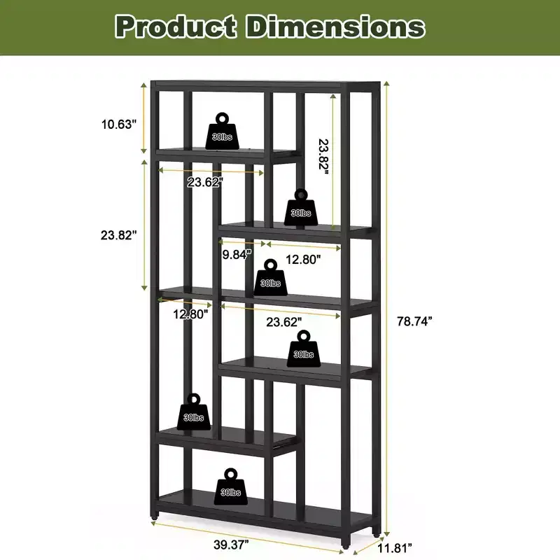 TUYOHW 79 Tall 7-Tier Bookcase,Large Open Shelf Display Unit with 10 Compartments - Modern Floor Standing Bookshelf for Living Room,Office,Black