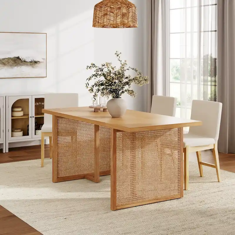 Warm Pine Boho Rattan 6-Person Dining Table