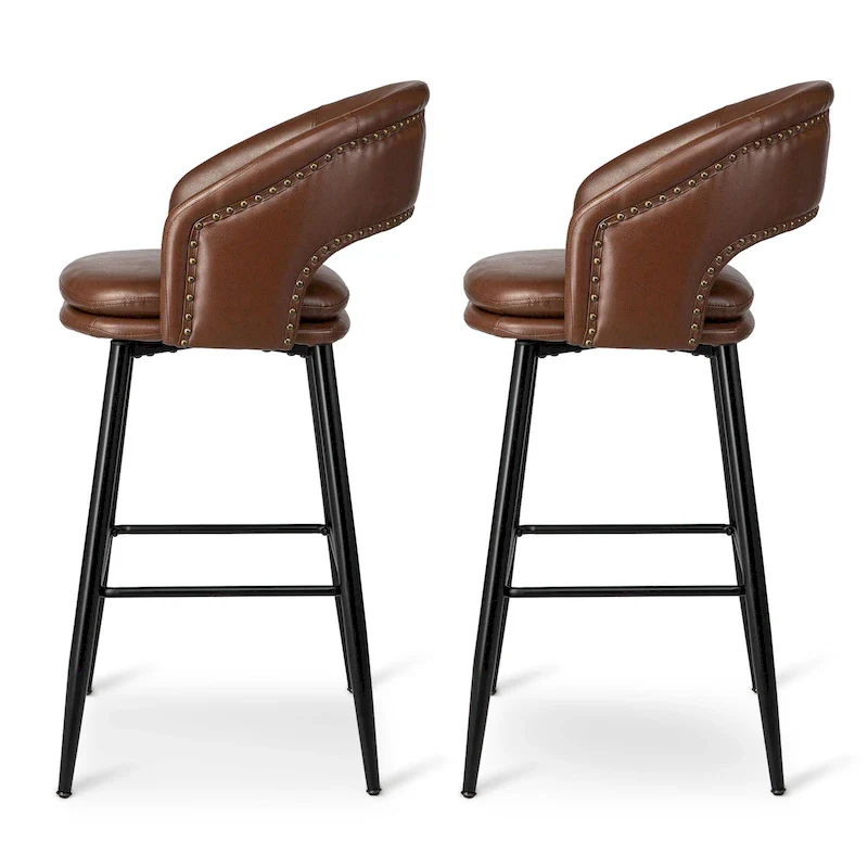 Mid-Century Modern Faux Leather Bar Stool with Nailhead Trim & Metal Legs – Black / Brown