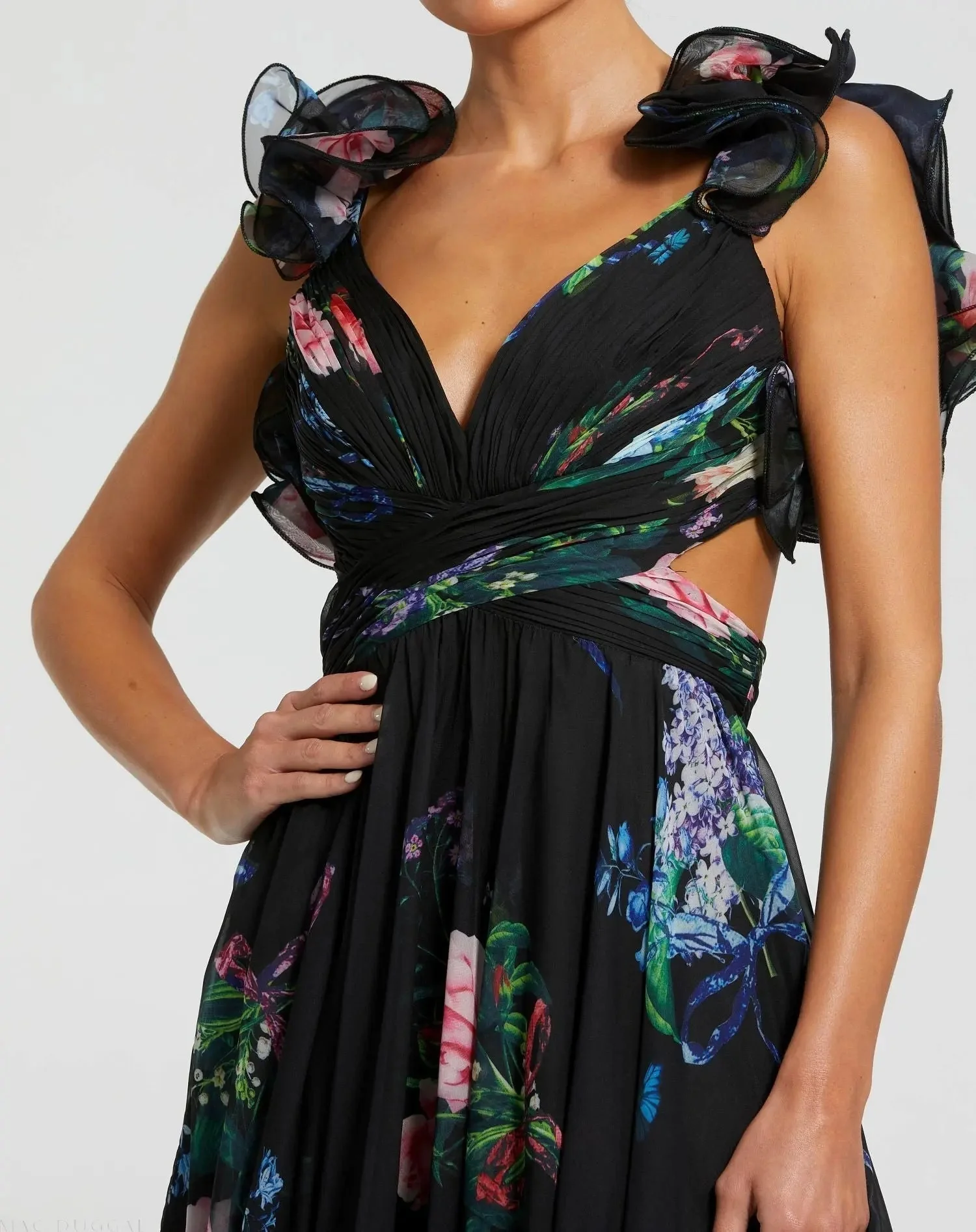 Black Ruffle Tiered Floral Cut-Out Chiffon Gown