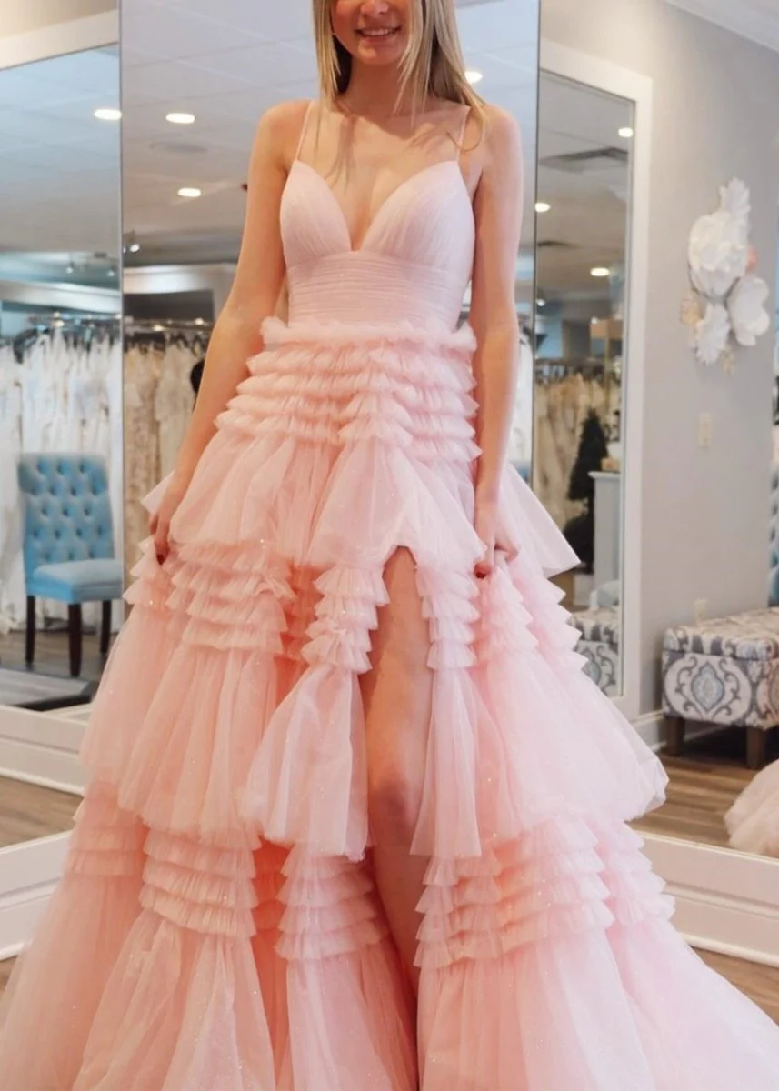 A-Line Spaghetti Straps Long Tiered Tulle Prom Dress With Split
