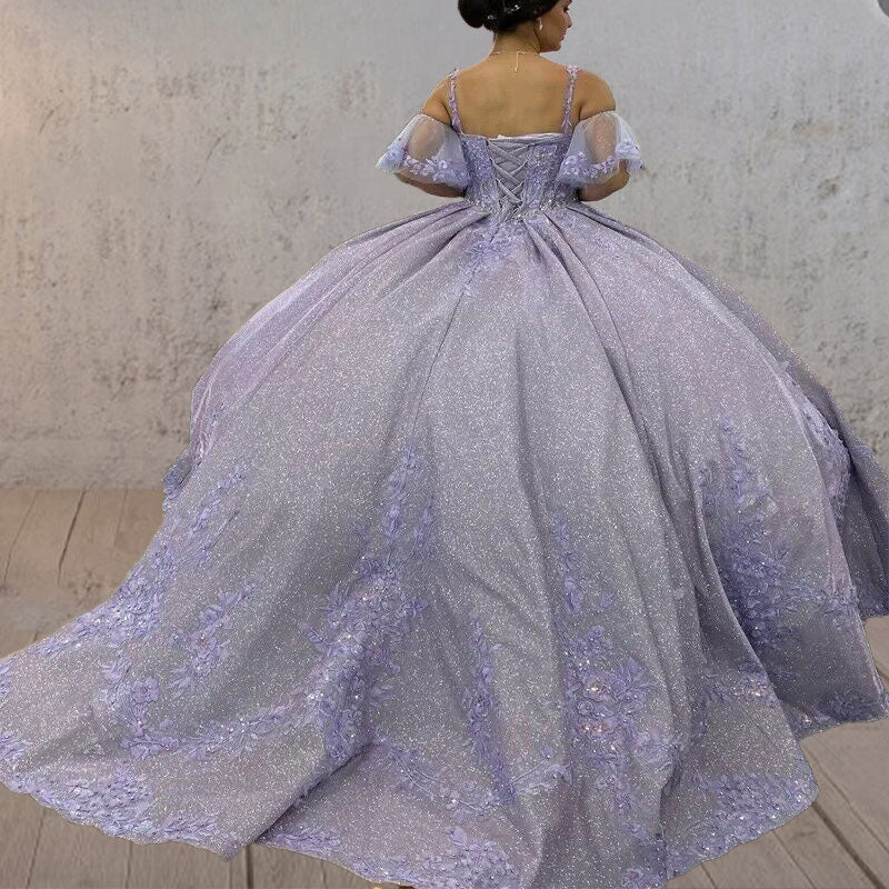 Lavender Off-the-Shoulder Straps Appliqued Quinceanera Dresses