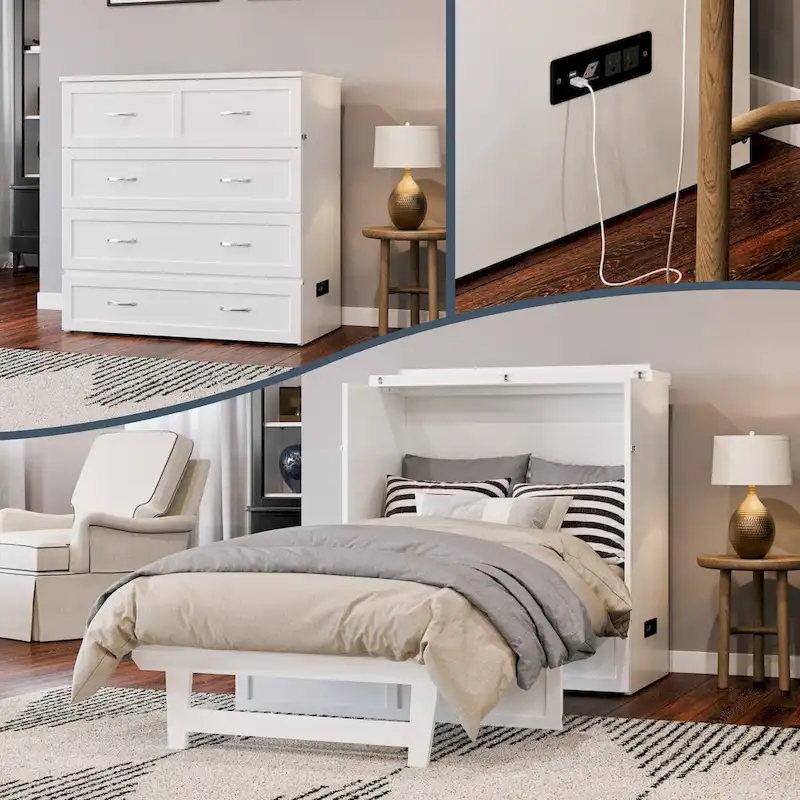 Twin XL Murphy Bed Chest with Mattress Included, White Space-Saving Wall Bed Cabinet