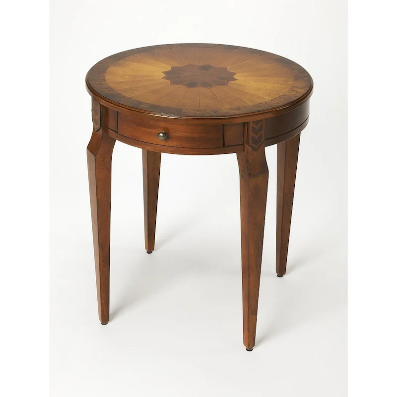 Medium Brown & Olive Ash Round End Table with Drawer – Single