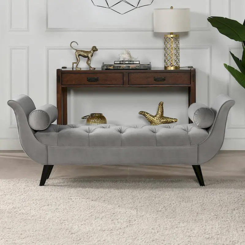 Opal Grey Velvet Tufted Bench, 2-Person