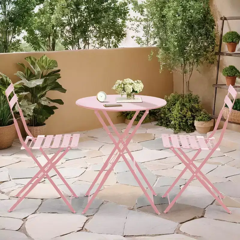 EROMMY Outdoor 3-Pc Bistro Set, Patio Dining Set, Foldable, Stainless Steel, Suitable for Patio, Balcony, Garden, Pool - Pink